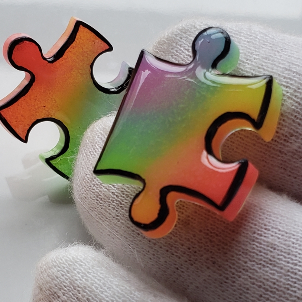Handmade Rainbow Puzzle Pieces Stud Earrings - Reacts to UV Light - Picture 5 of 8